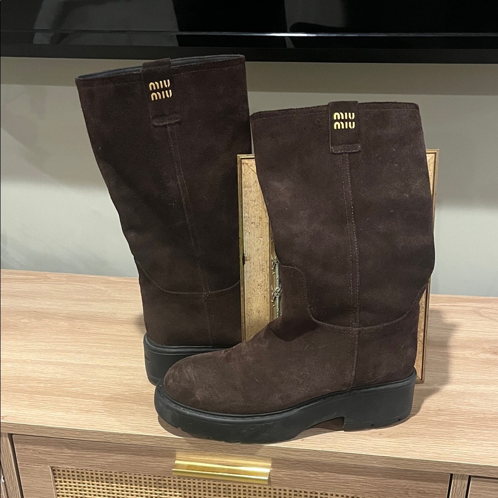 Miu Miu Dark Brown Suede Platform Boots